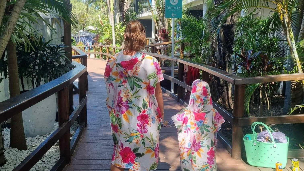 Island Princess sand free hoodies seen here being worn by mum and daughter at North Star Holiday Park at Hastings Point.