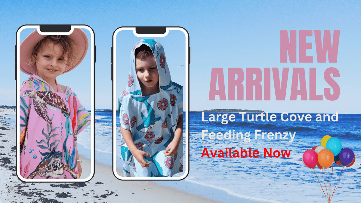 Turtle Cove and Feeding Frenzy are now available in Large sizes to compliment small and medium, this photo shows a boy and a girl wearing their sandless hooded beach towels