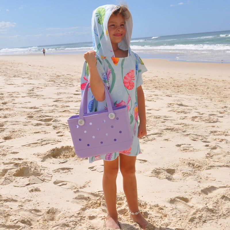 Earth and Sea kids sand free hoodie with a coral cove mini eva bag